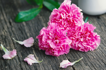 Close up of pink carnation flowers on wooden table with vintage tone