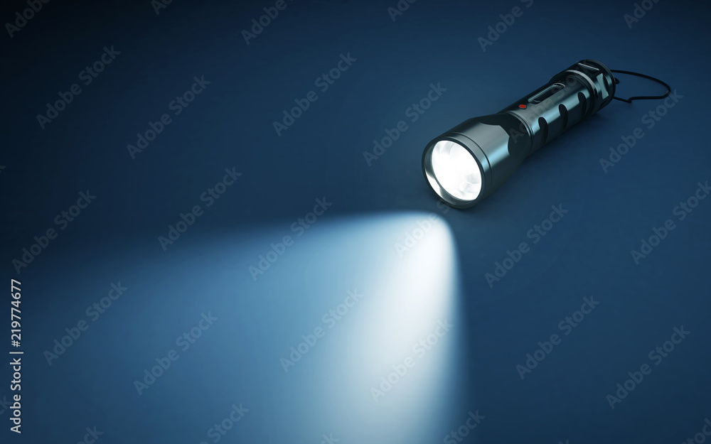 Wall mural flashlight and beam of light on a dark background. 3d rendering