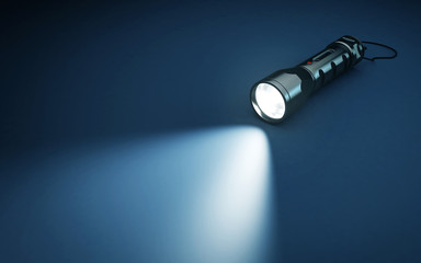 Flashlight and beam of light on a dark background. 3d rendering