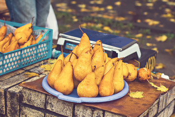 counter with pears on the farm market