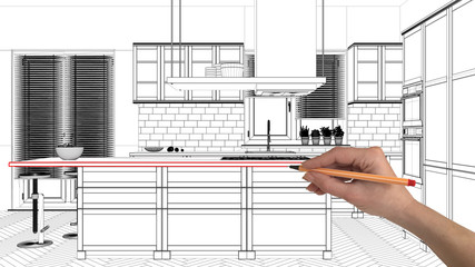 Interior design project concept, hand drawing custom architecture, black and white ink sketch,...