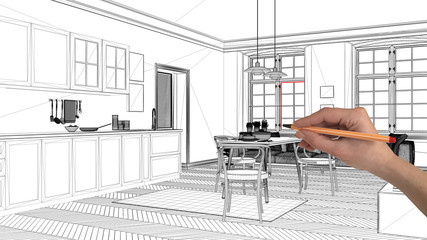 Interior design project concept, hand drawing custom architecture, black and white ink sketch, blueprint showing scandinavian living room with dining table