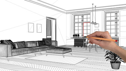 Interior design project concept, hand drawing custom architecture, black and white ink sketch,...