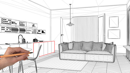 Interior design project concept, hand drawing custom architecture, black and white ink sketch,...