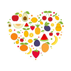 Background with cartoon fruit icons.