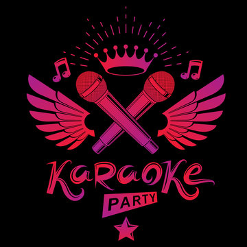 Karaoke party promotion poster design composed using musical notes, 5 pentagonal stars and wings. Rap battle concept, two stage microphones vector illustration.
