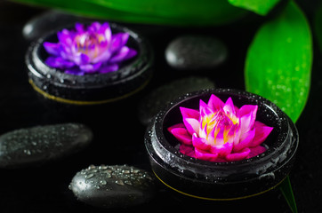 Close up of spa soap with water lilly flower shape on black background with stones and water drops