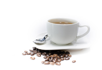 Cup of coffee latte and coffee beans on white background