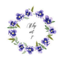 Fototapeta na wymiar Pansy flowers delicate hand drawn watercolor wreath on white background.
