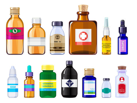 Various medical bottles. Health care concept pictures of drugs bottles with labels. Vector pharmacy medical bottle of colllection illustration