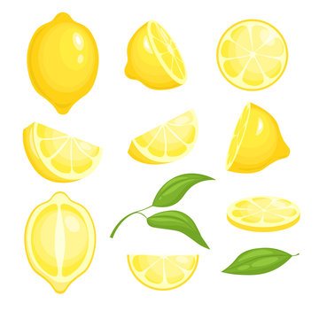 Fresh lemons collection. Yellow sliced citrus fruits with green leaf for lemonade. Vector isolated cartoon pictures of lemons. Lemon citrus food, fresh fruit juicy illustration