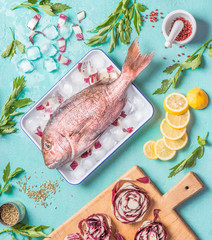 Raw pink dorado fish on ice cubes with cooking ingredients on light blue kitchen table background, top view, flat lay. Seafood concept