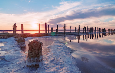pink salt in hands from Syvash Lake, Ukraine