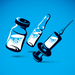 Vector graphic illustration of bottle, ampoule with medicine and medical syringe for injections. Antivirus vaccination concept.