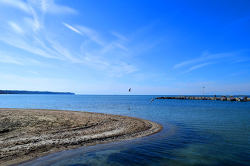 Blue seascape in Greece. Beautiful beach and sky in summer. 