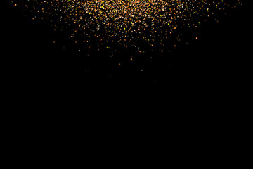 Fototapeta na wymiar Gold glitter rain isolated on black background. Festive overlay texture for congratulation. Golden confetti explosion, illustration