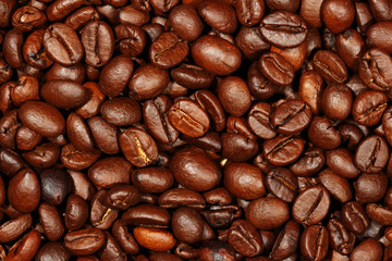 Close up of coffee beans texture background, selective focus