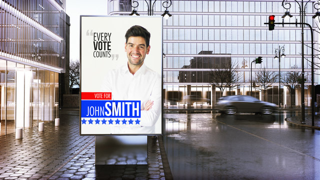 politician advertising billboard  on city downtown
