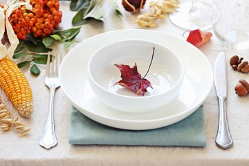Tableskape for Thanksgiving day dinner. Table decoration for festive autumn family party. Rustic style, selective focus