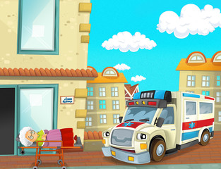 Fototapeta na wymiar cartoon scene with ambulance and sick patient - illustration for children