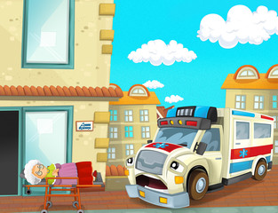 Obraz na płótnie Canvas cartoon scene with ambulance and sick patient - illustration for children