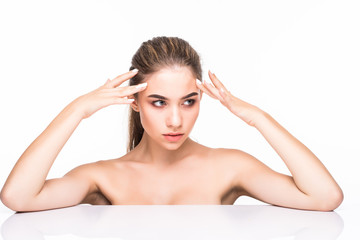 Obraz premium Young woman portrait, skin care concept, beautiful skin and hands with manicure nails isolated on white background