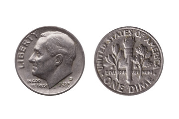 USA dime nickel coin (10 cents) obverse Franklin D Roosevelt reverse olive branch torch oak branch...