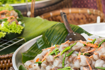 Closeup sweet tapioca pork dumpling balls or Sa-Ku Sai Muu is the popular Thai snack in Thailand.