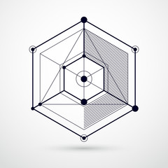Isometric abstract black and white background with linear dimensional cube shapes, vector 3d mesh elements. Layout of cubes, hexagons, squares, rectangles and different abstract elements.