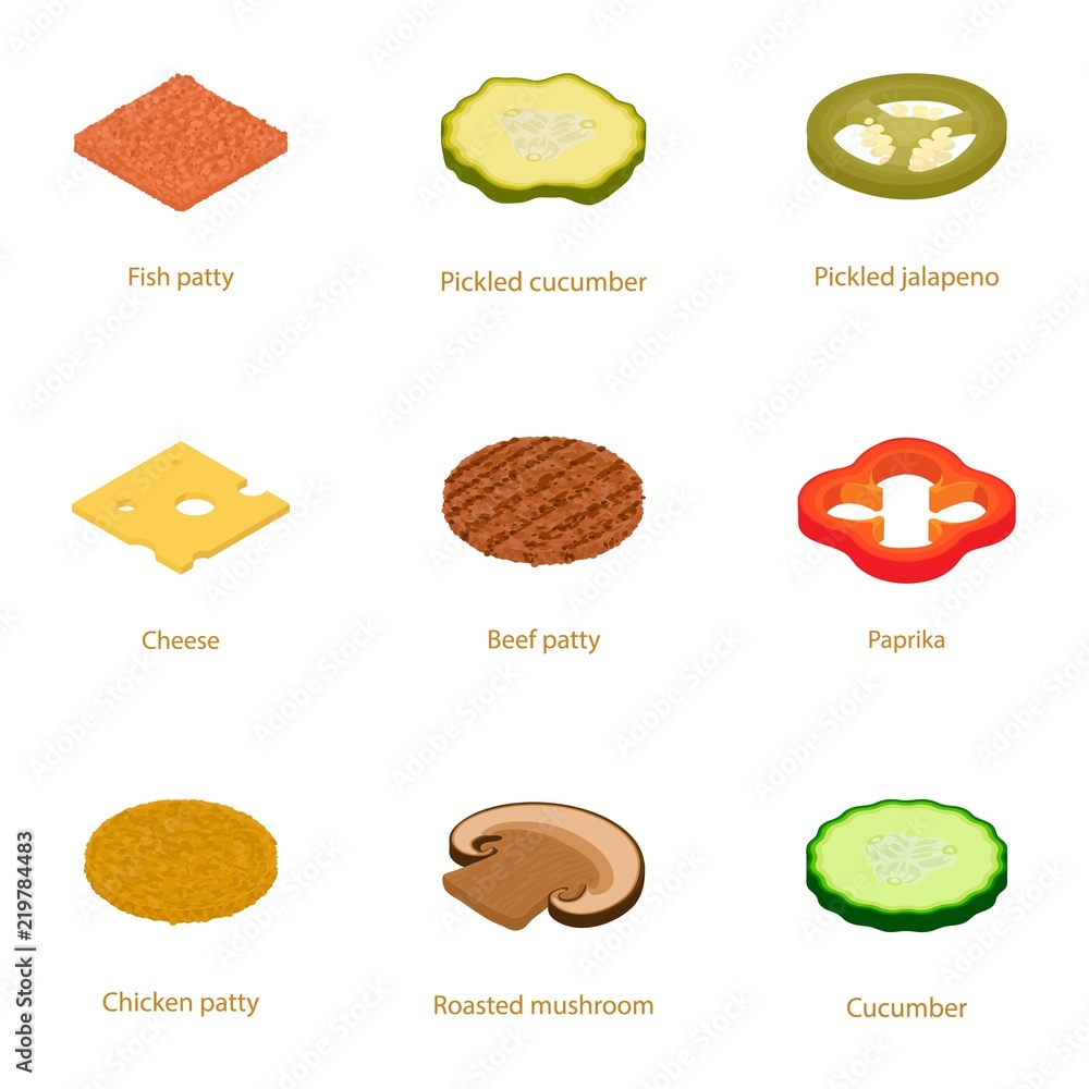 Poster make a burger icons set. cartoon set of 9 make a burger vector icons for web isolated on white backg