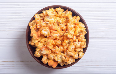 Yellow cheese popcorn in bowl