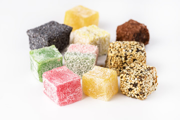 Tasty Turkish Delights Lokum on White Background Dessert Colored Sweets
