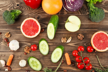 Flat lay composition with diet food on wooden background