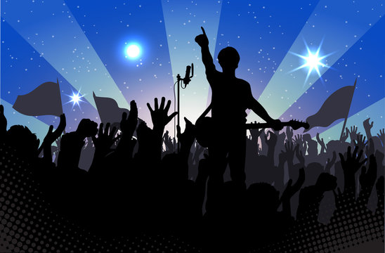 Concert Rock Performer Cheerful Naked Audience In The Hall Vector Illustration EPS10.