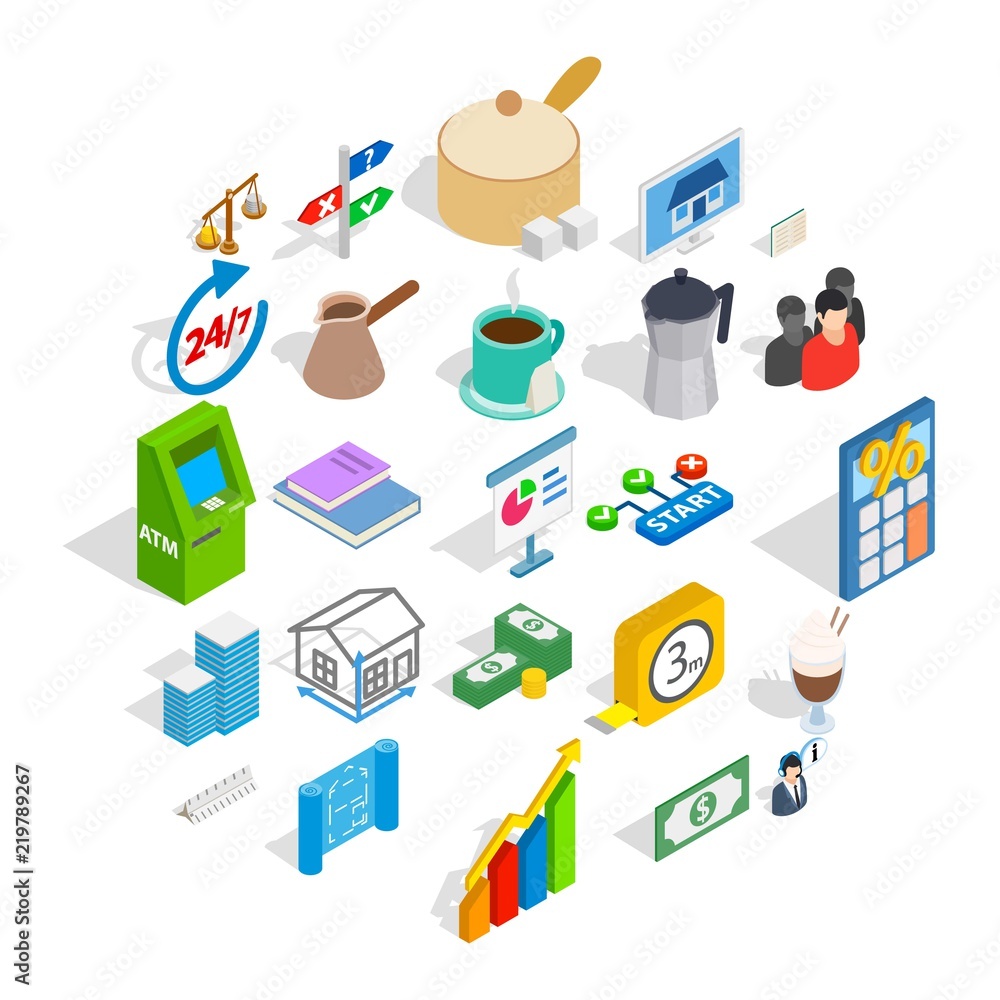 Poster business model icons set. isometric set of 25 business model vector icons for web isolated on white 