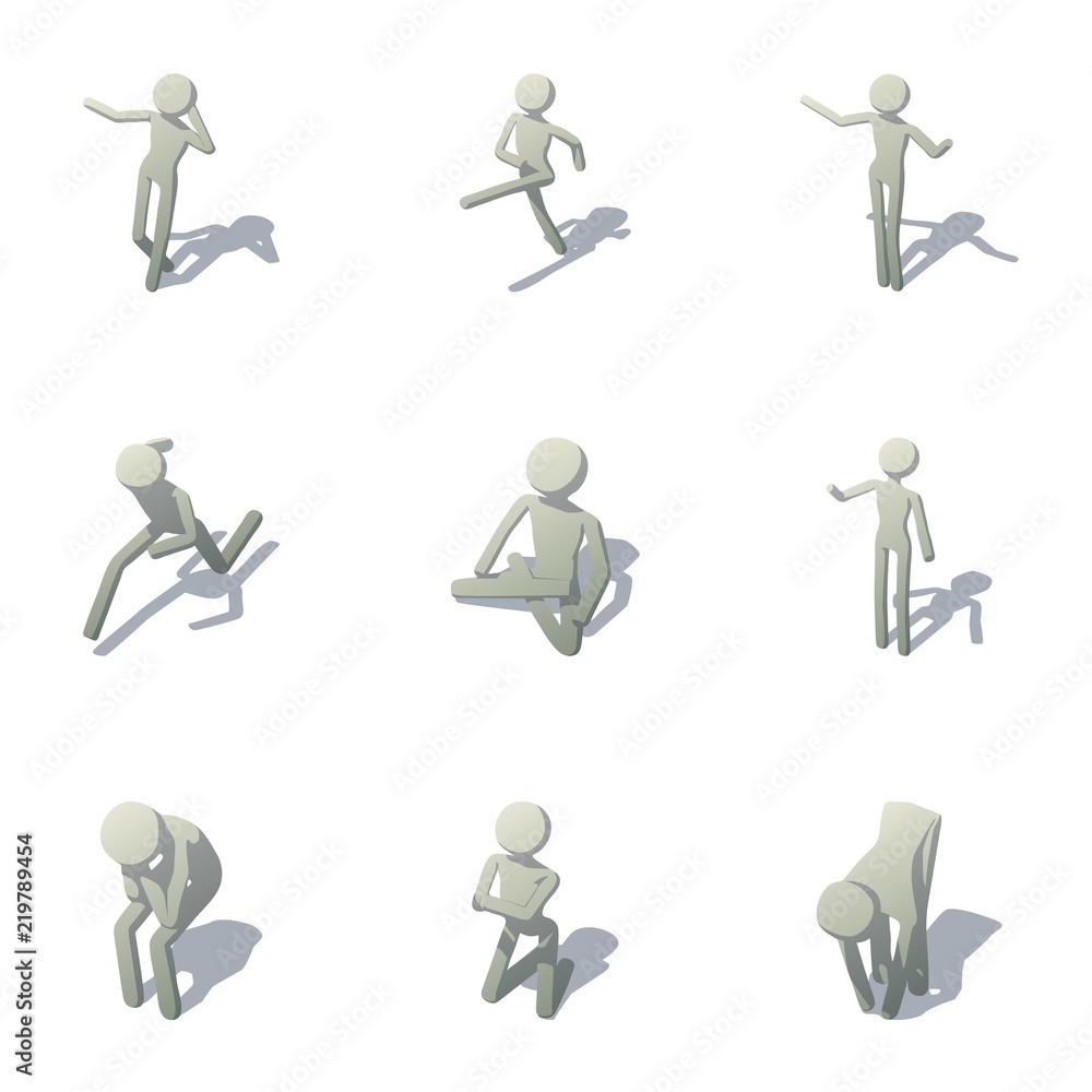 Poster exercises man icons set. isometric set of 9 exercises man vector icons for web isolated on white bac