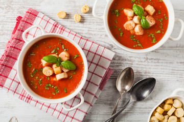 Traditional tomato soup, served with croutons.