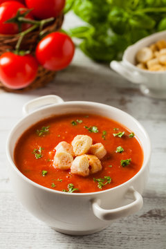 Traditional tomato soup, served with croutons.
