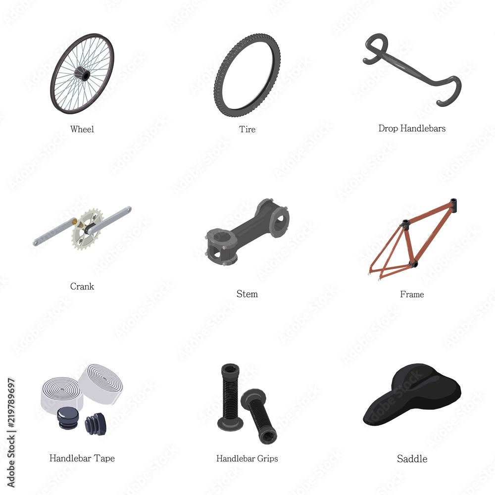 Poster bike component icons set. isometric set of 9 bike component vector icons for web isolated on white b