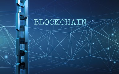  Block chain technology concept. Connections system and global data exchange. For print, design, web, banners, media, illustrations. Blue background. Futuristic, interesting design. Network of data.