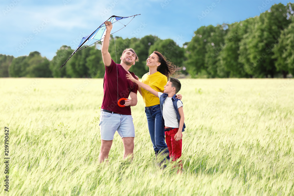 Canvas Prints happy family flying kite in the field