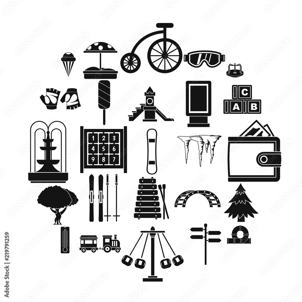 Poster children amusement icons set. simple set of 25 children amusement vector icons for web isolated on w