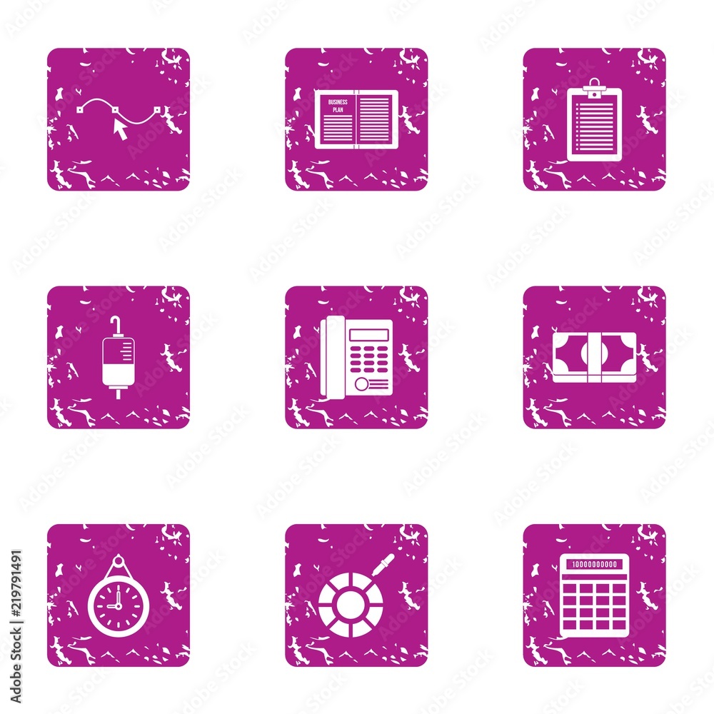 Poster counting money icons set. grunge set of 9 counting money vector icons for web isolated on white back