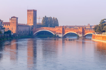 Fototapeta na wymiar Amazing View on Castelvecchio fortress and bridge on the morning in Verona city