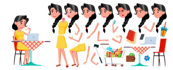 Teen Girl Vector. Animation Creation Set. Face Emotions, Gestures. Face. Children. Animated. For Advertising, Booklet, Placard Design. Isolated Cartoon Illustration