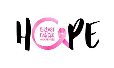 Hope lettering design with Pink ribbon. Breast cancer awareness concept. Vector illustration isolated on white background.