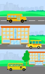 School bus back kids banner concept set. Flat illustration of 3 school bus back kids vector banner concepts for web