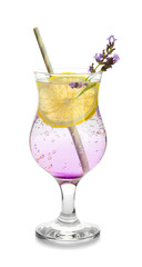 Glass with fresh lavender lemonade on white background
