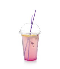 Fresh lavender lemonade in plastic cup on white background