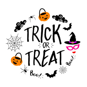 Trick or Treat lettering design. Holiday calligraphy with Halloween elements in circle shape. Vector illustration isolated on white  background. For poster, banner, greeting card, invitation.
